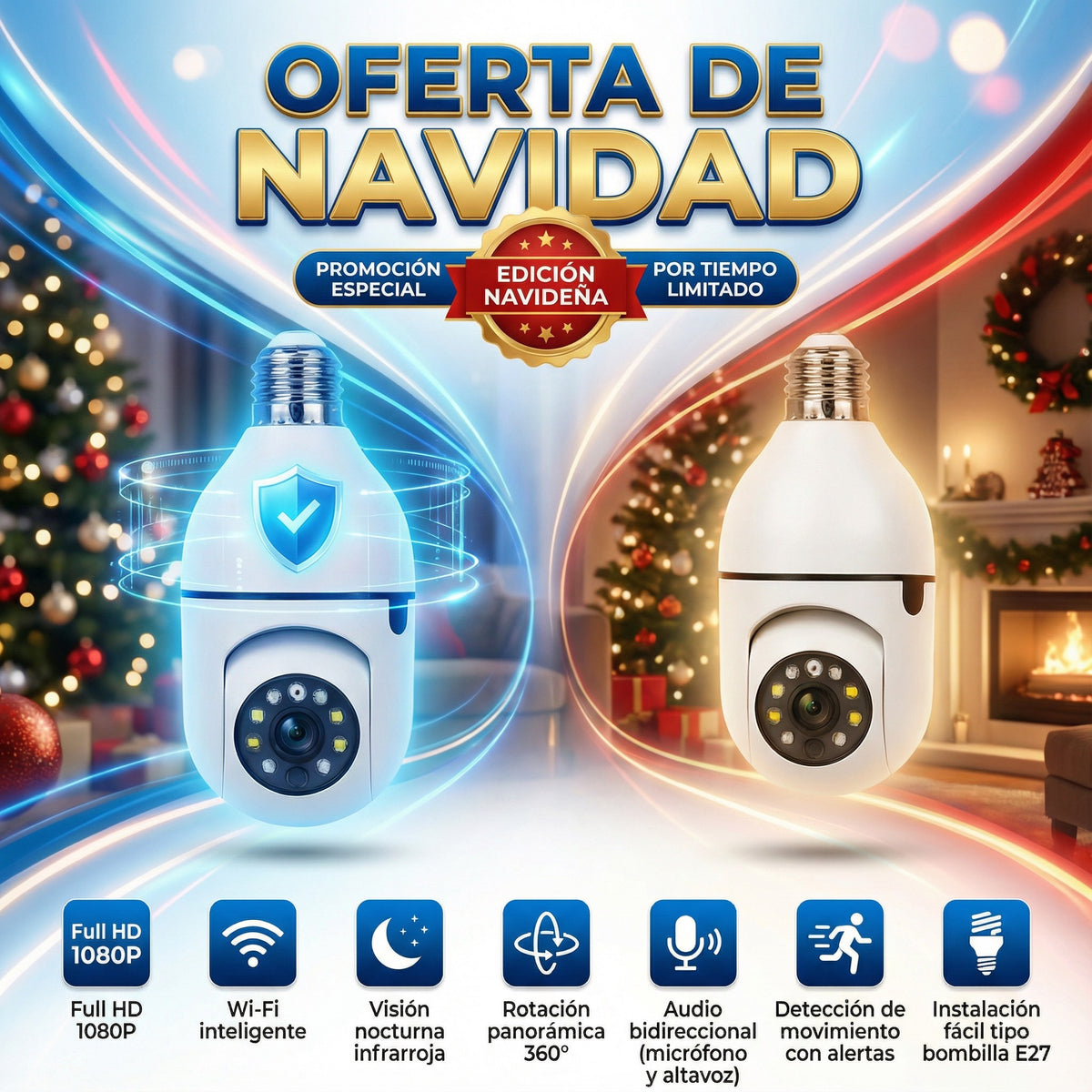 FOCO CAMARA DE SEGURIDAD 360° FULL HD VISION NOCTURNA (🎄 Oferta de Navidad)